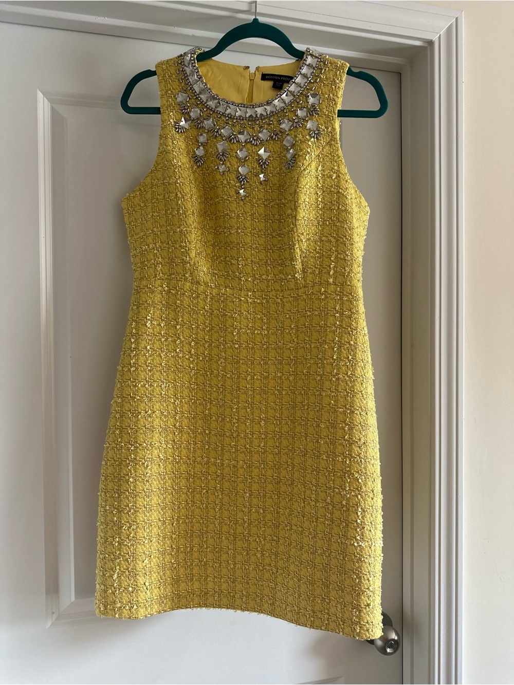 Embellished Yellow Tweed Sheath Dress